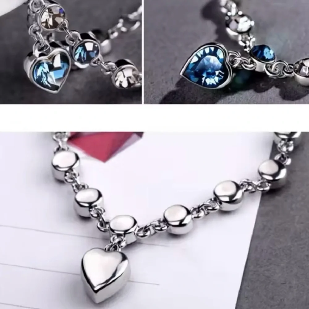 Blue Heart Zircon Bracelets New Shiny Blue Crystal Love  Bracelet 8”+2” - Picture 3 of 7